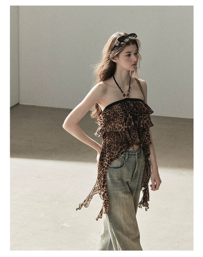 "Chasing the Sunset" Chestnut Brown Leopard Halter Ruffle Crop Top