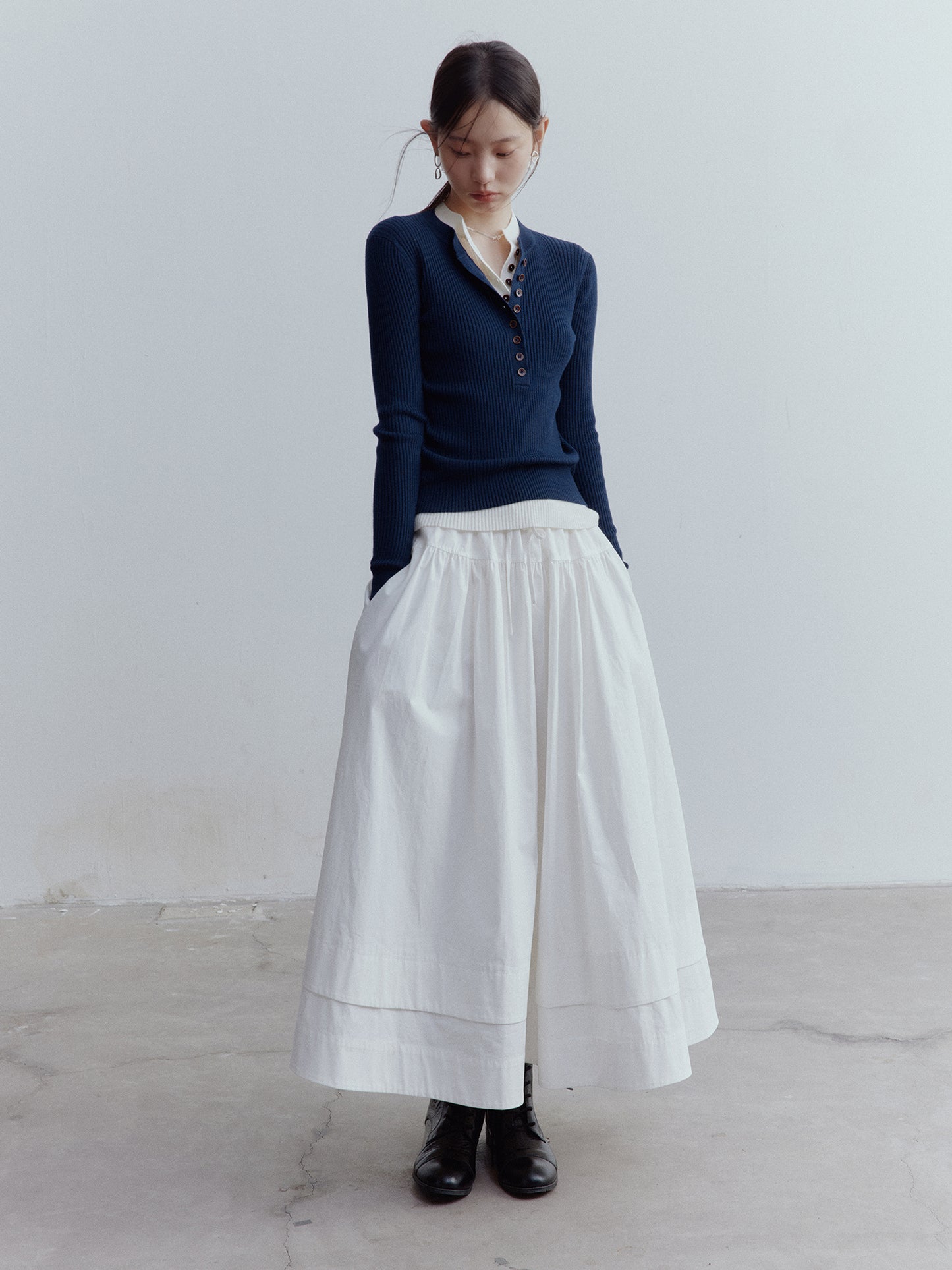 FUSSED Everyday Nerd Pleated Cotton Midi Skirt in Mist White FOF-25SS172a