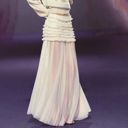 Ruched Semi-Sheer Mesh Maxi Skirt (Apricot/ Black/ Gray)