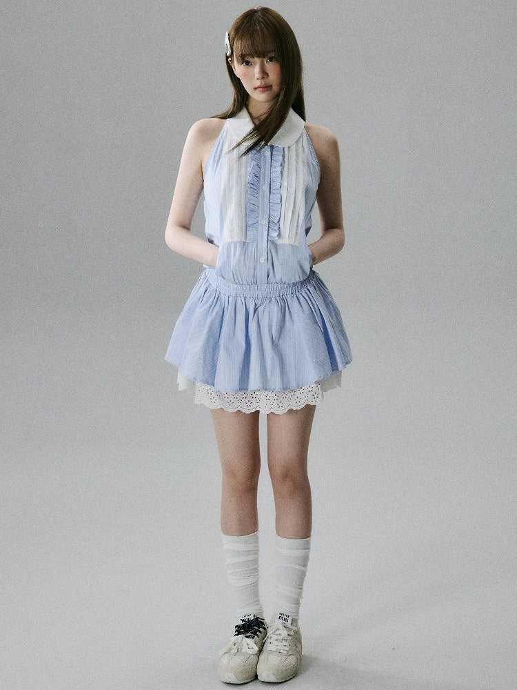 LOST FOREST  - Blue Striped Lace-Trim Halter Dress with Elastic Waist