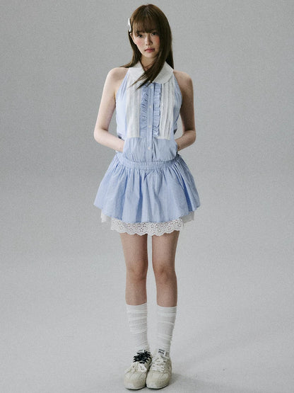 LOST FOREST  - Blue Striped Lace-Trim Halter Dress with Elastic Waist