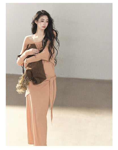 AOMALM - "Under the Sunset" Mauve Linen-Blend Mermaid Dress Set