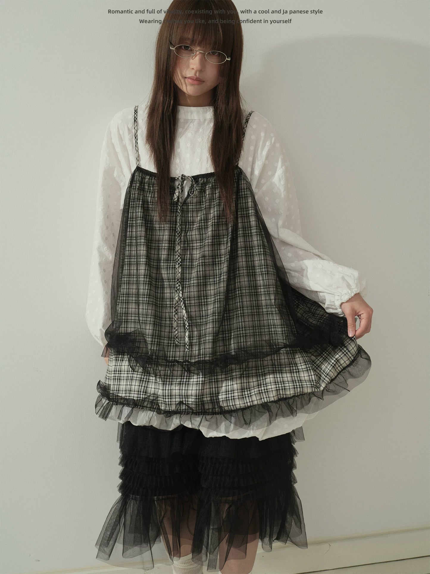 "Layered Breeze" Black & White Plaid Mesh Layering Cami Top