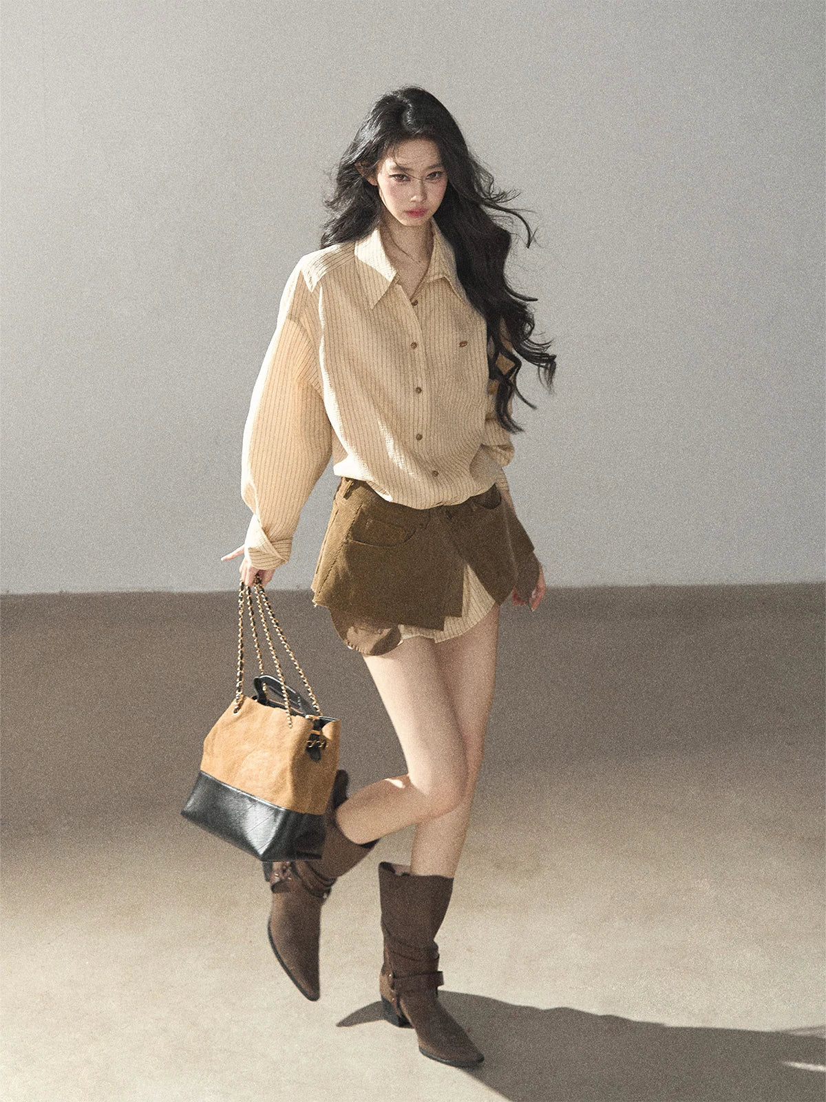 AOMALM - "Autumn Botanicals" Amber Yellow Striped Shirt & Wrap Faux Half-Skirt Set
