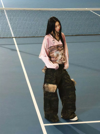 JN's DESIGN - Vintage Camo Wide-Leg Cargo Pants with Faux Fur Pockets