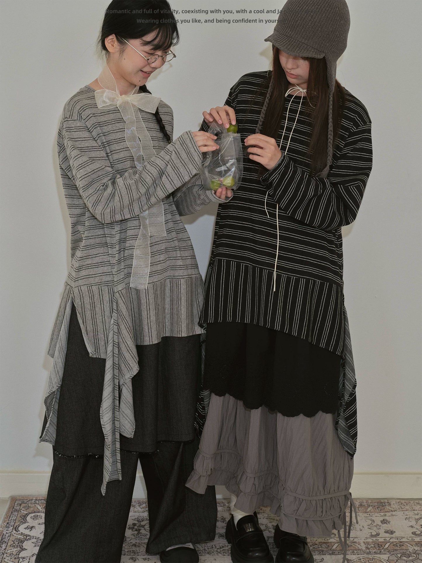 "Vintage Rhythm" Asymmetrical Knit Stripe Long Sleeve T-Shirt (Black / Gray)