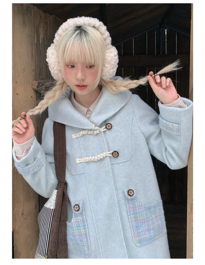 RF - Light Blue Plaid Mid-Length Wool-Blend Coat with Toggle Closures