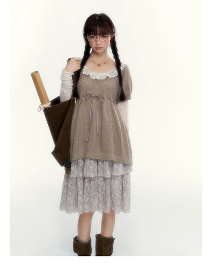 Misty Gray Pink Vintage Lace Tiered A-Line Skirt