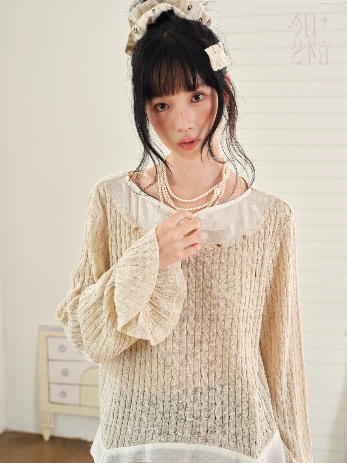 DAILY ARTIST - Almond Beige Lace-Trim Textured Knit Top