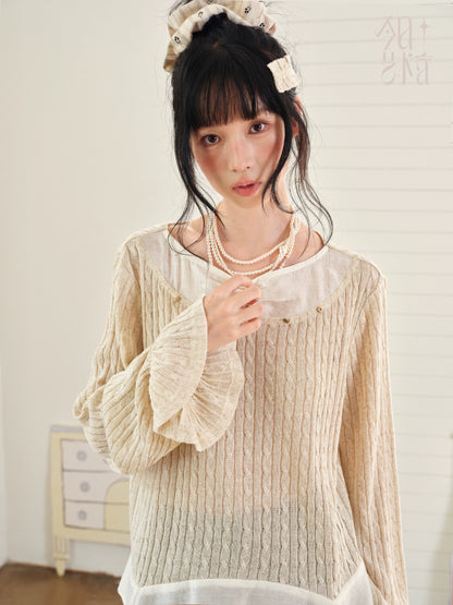 DAILY ARTIST - Almond Beige Lace-Trim Textured Knit Top