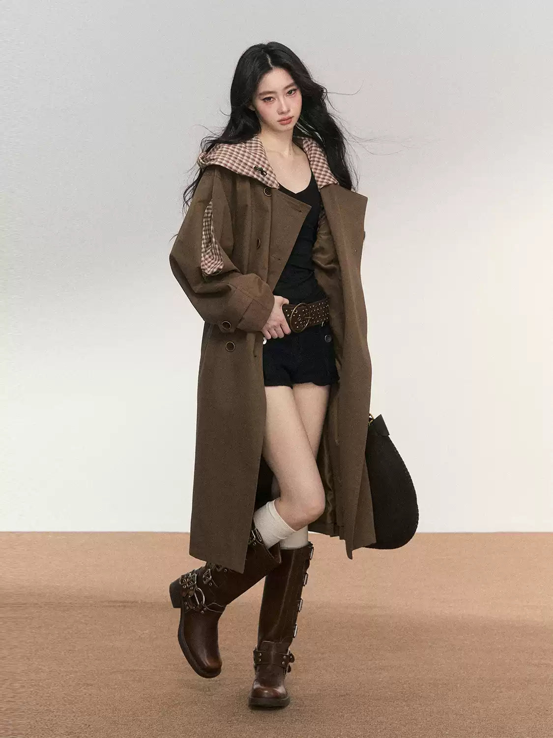 JN's DESIGN - Vintage Plaid Panel Hooded Trench Coat