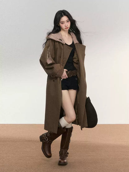 JN's DESIGN - Vintage Plaid Panel Hooded Trench Coat