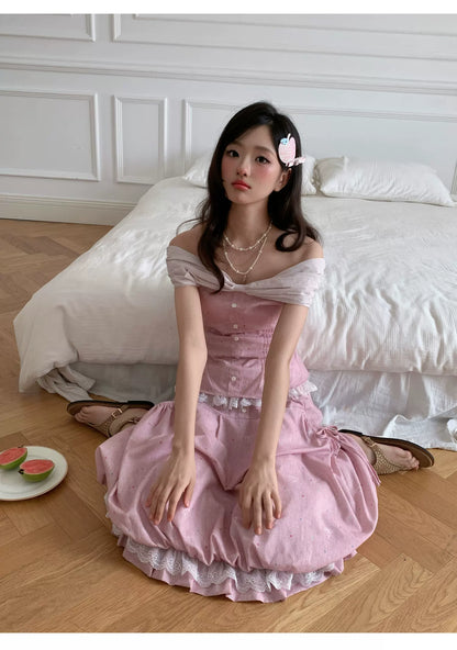 “Peach Mist Starlit Meadow” Pink Off-Shoulder Skirt Set