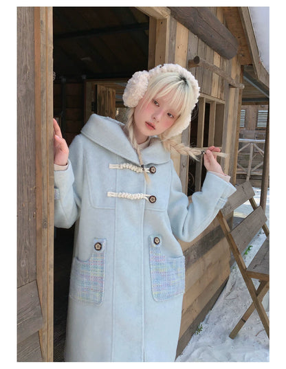 RF - Light Blue Plaid Mid-Length Wool-Blend Coat with Toggle Closures