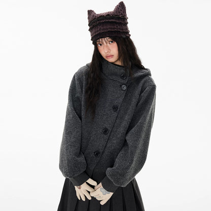 EZEK | Preppy Hooded Wool Blend Jacket with Button Front