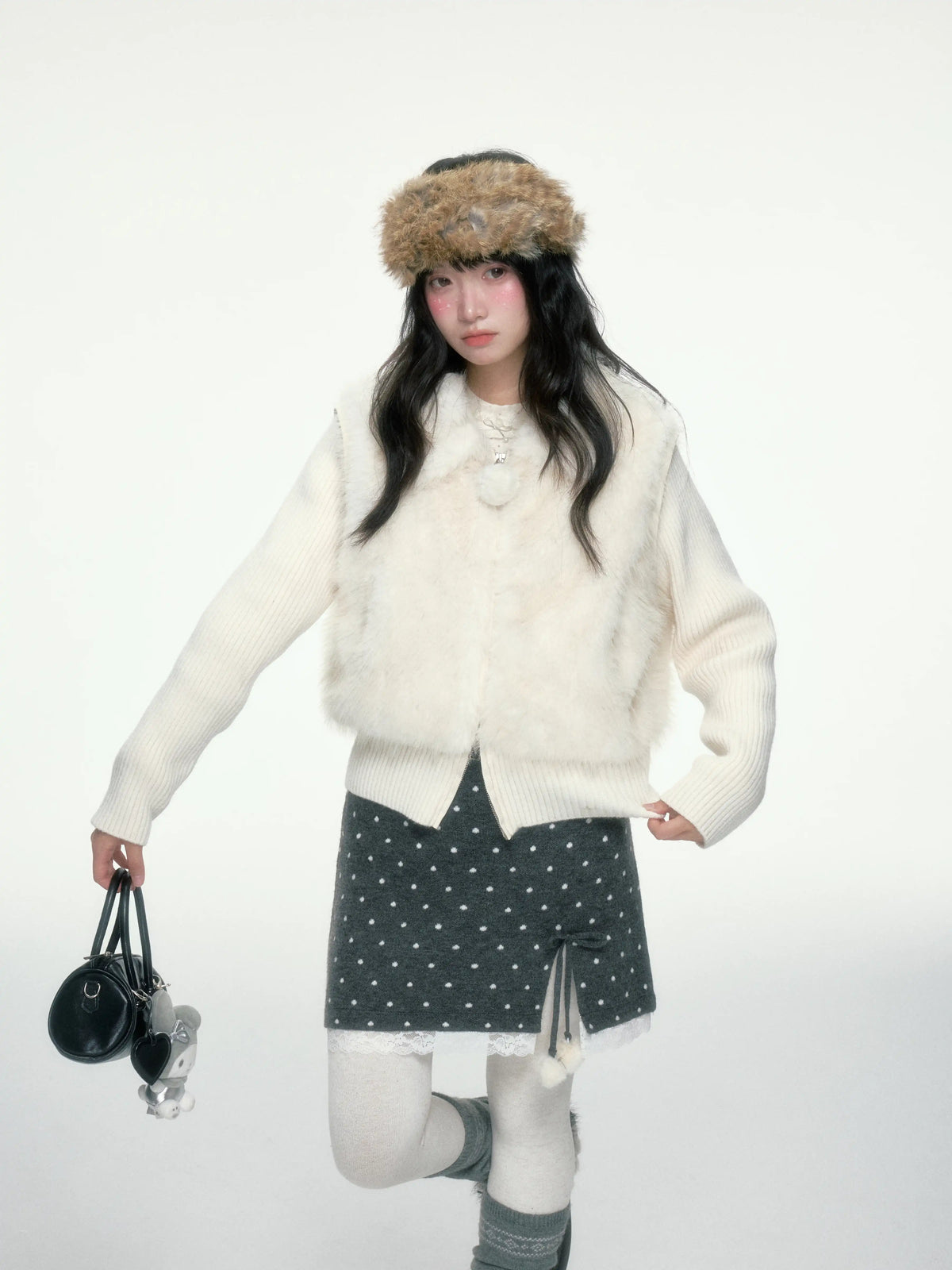 BIBIBENCY - Ivory Faux Fur Vest with Knit Sleeves