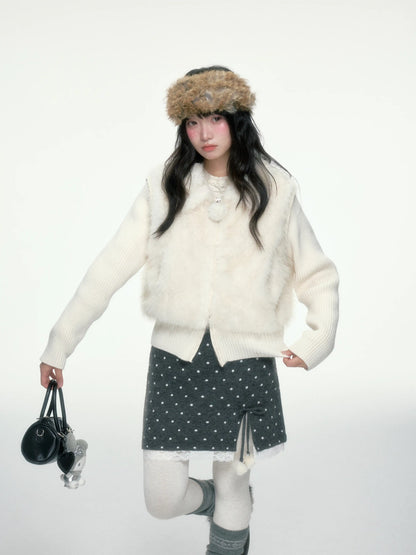 BIBIBENCY - Ivory Faux Fur Vest with Knit Sleeves