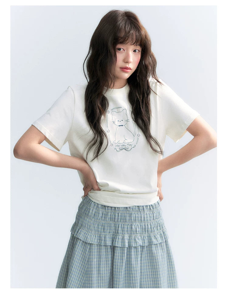 "Garden Kitty" Ivory Embroidered Cat Cotton T-Shirt