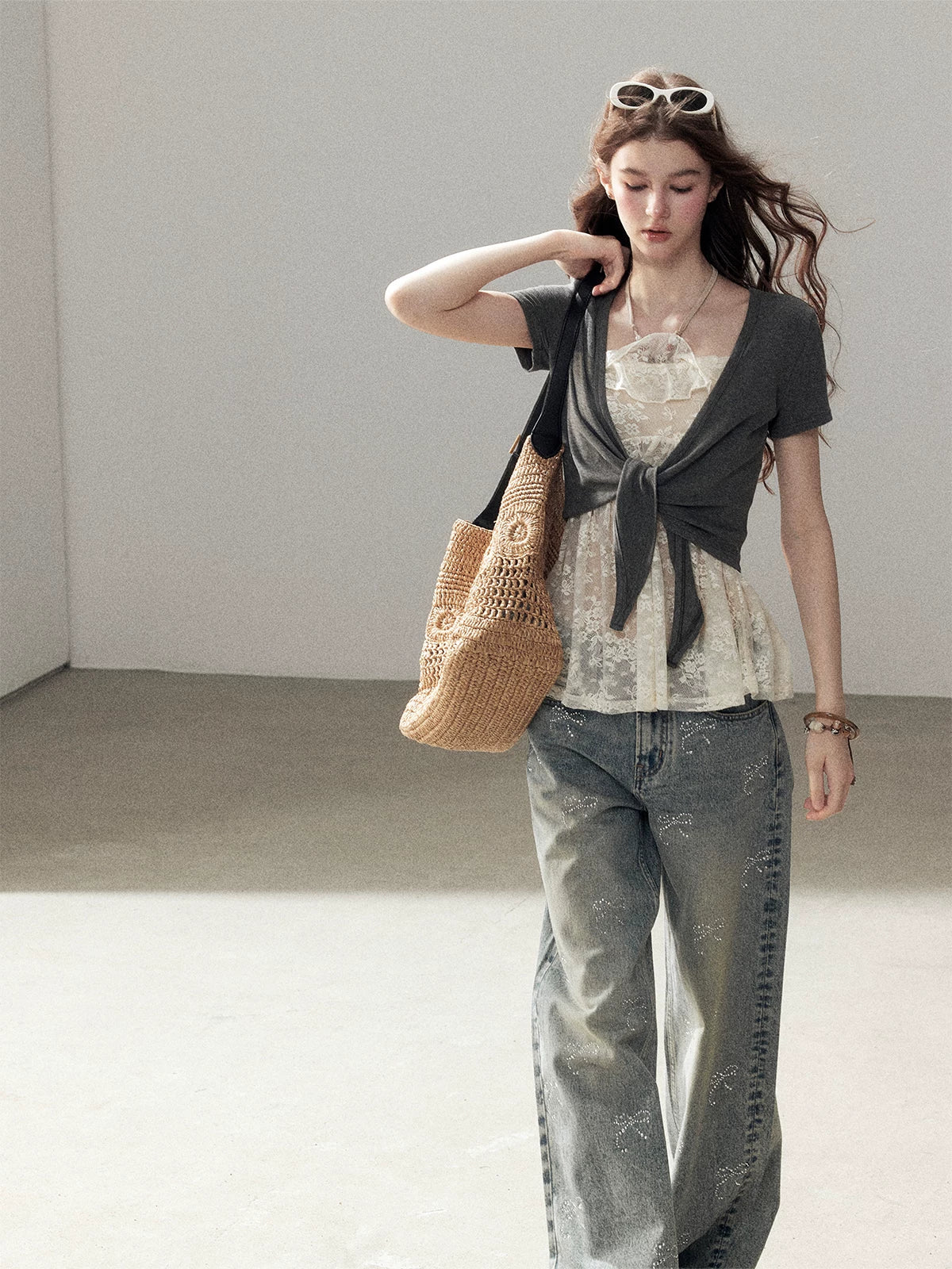 "Beyond the Morning Mist" Dutch Cream Lace Cami & Silver Mouse Gray Sheer Cardigan Set