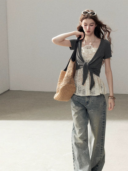 "Beyond the Morning Mist" Dutch Cream Lace Cami & Silver Mouse Gray Sheer Cardigan Set