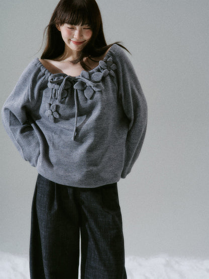 LOST FOREST - Gray Japanese Sweet Girl Handmade Floral Knit-Texture Sweatshirt