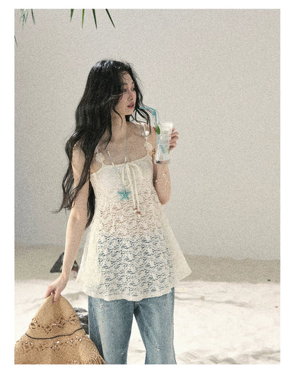 "Morning Mist" Frost White Lace Sheer Cami Top 65123
