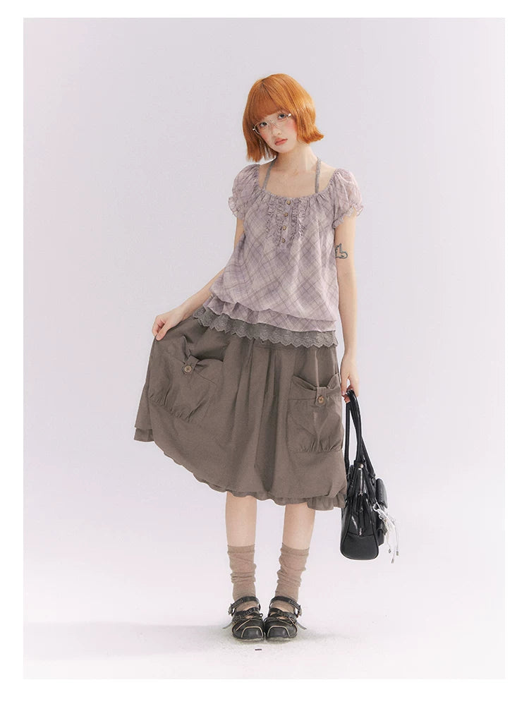 “Sweet & Cool Girl” Taupe Bow Drawstring High-Waist A-Line Cargo Skirt