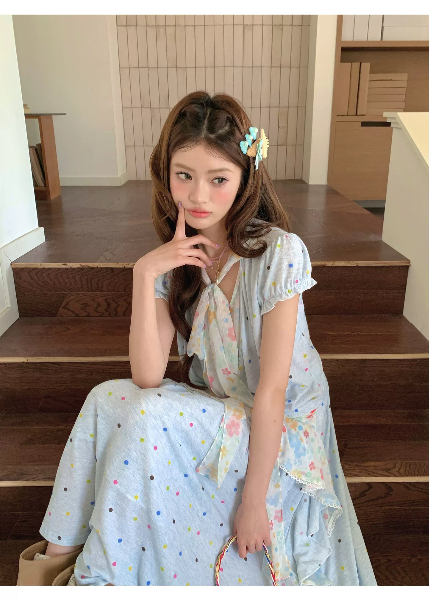 “Sea Salt Blossom Letter” Baby Blue Layered Skirt Set