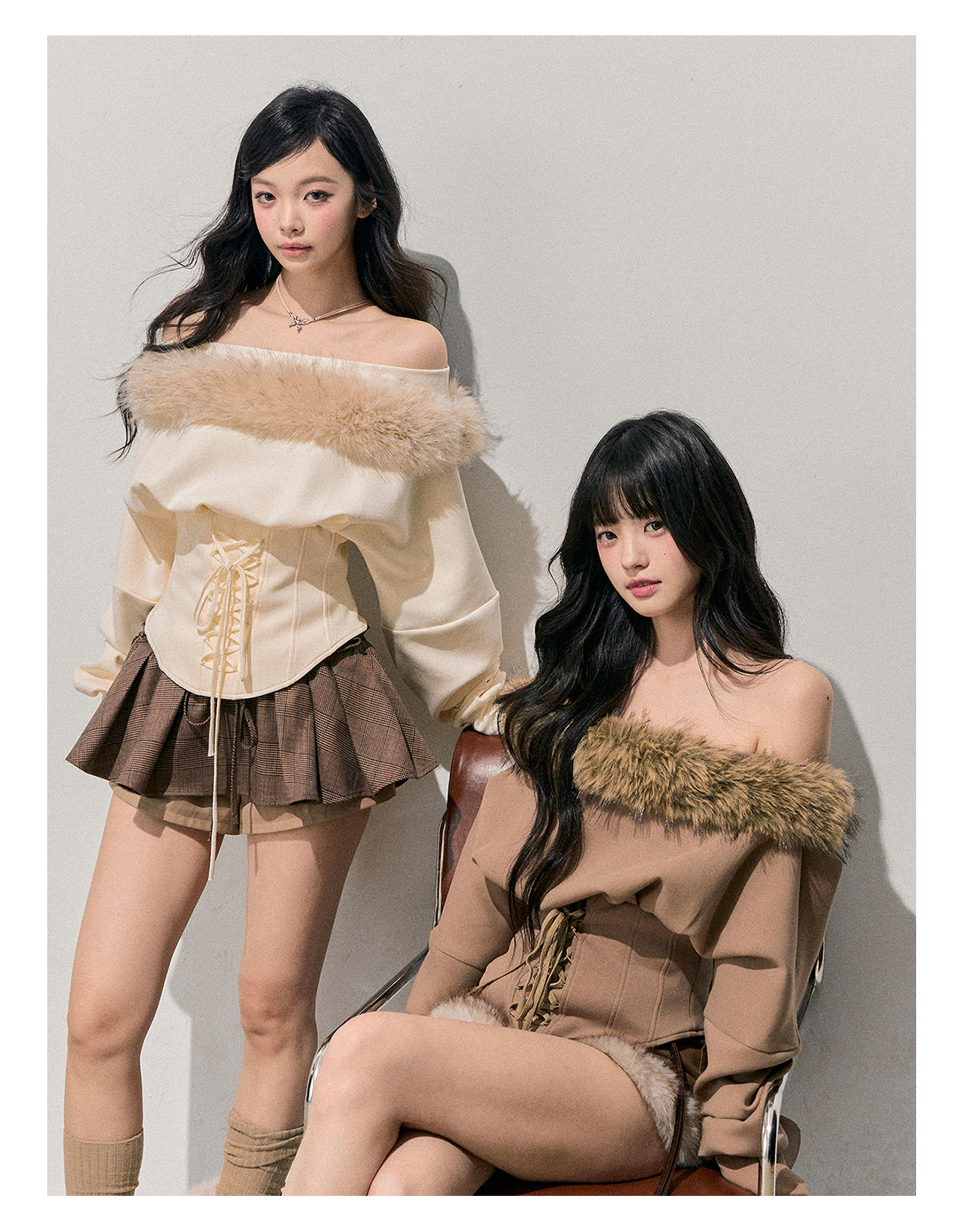 少也眼 "Lingering Sunset Warmth" Off-Shoulder Faux Fur Trim Tee
