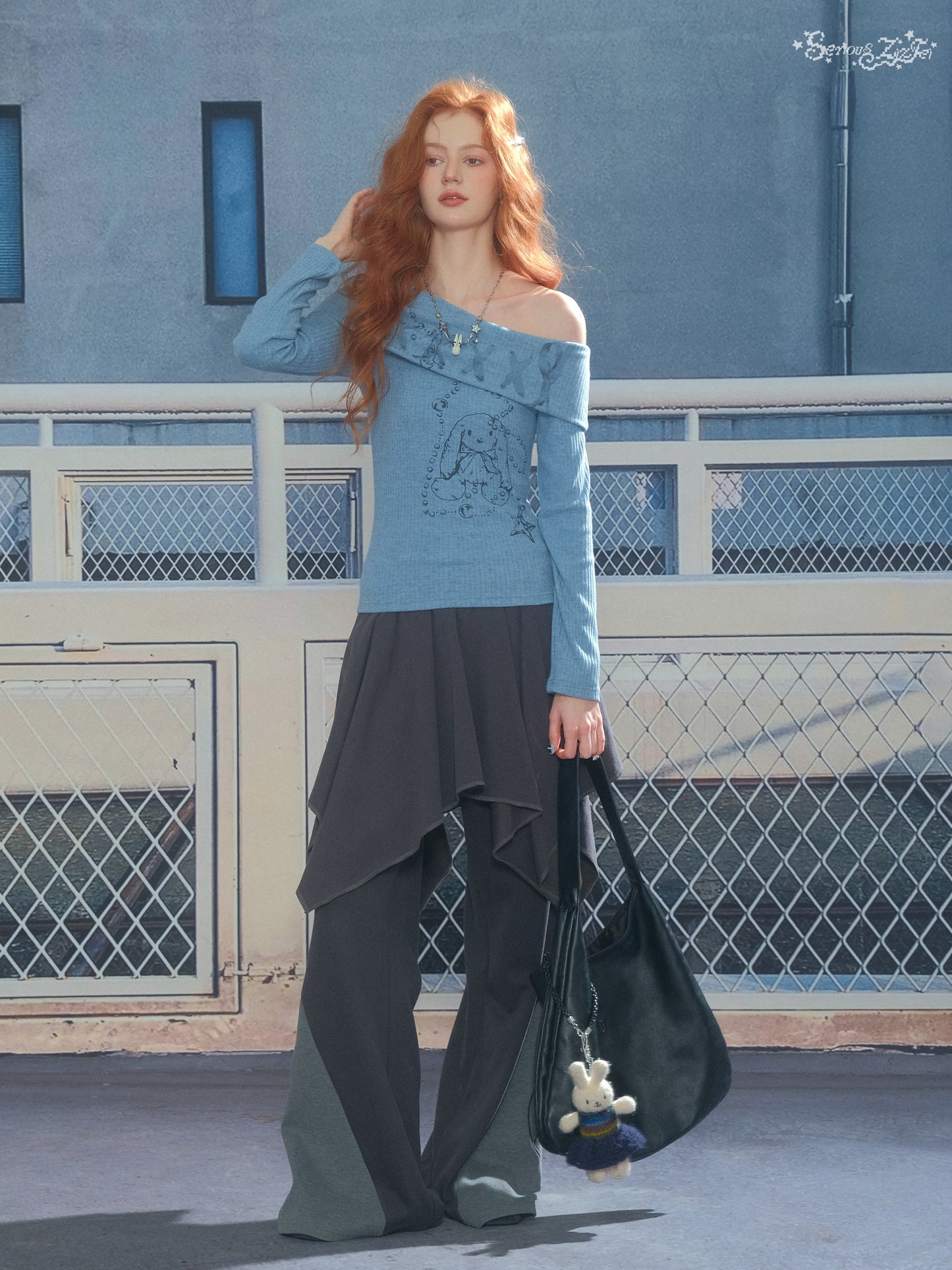 ZiziFei - Y2K Off-Shoulder Ribbed Knit Top – Lace-Up Foldover Sweater