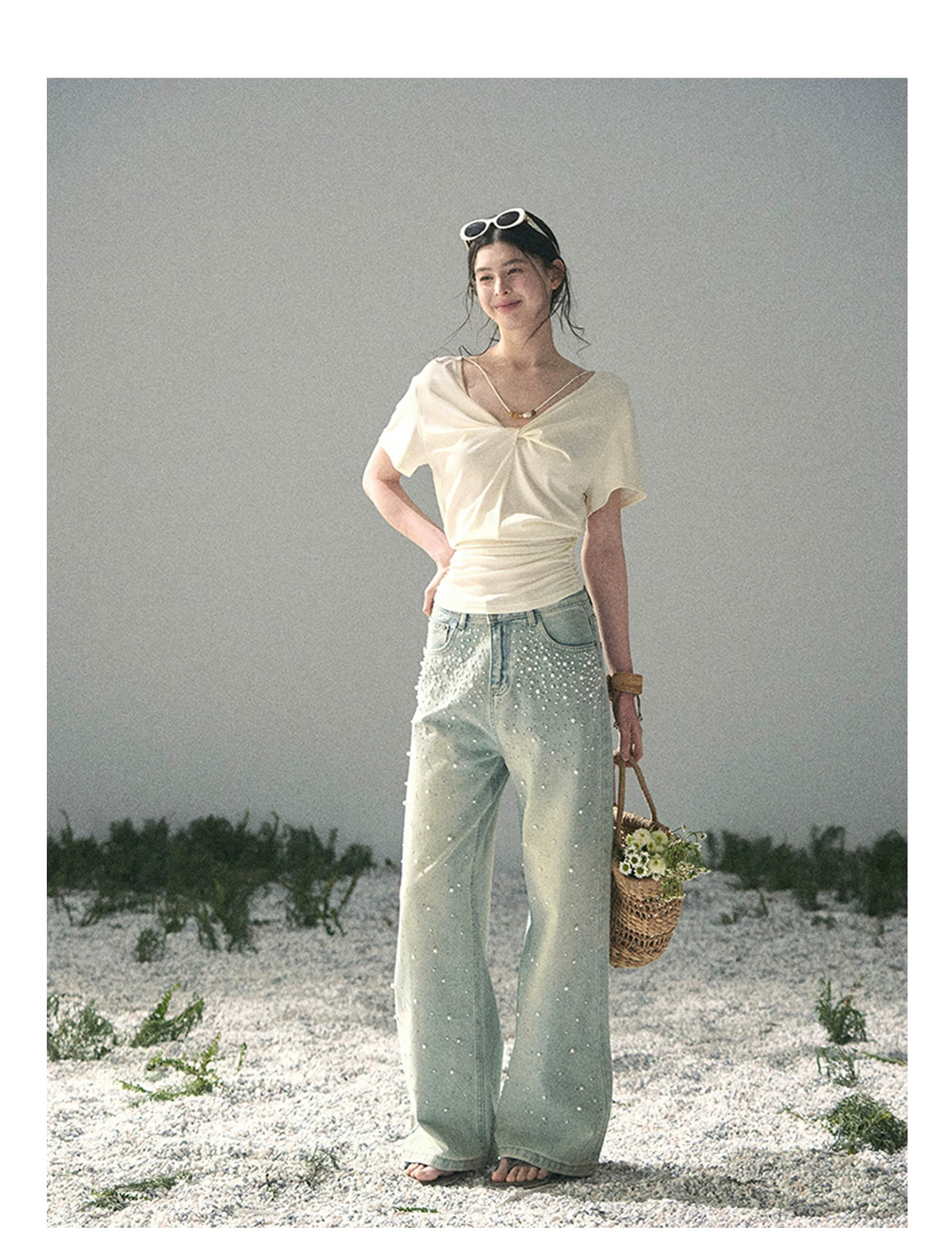 “White Between Breaths” Ivory Twist V-Neck Top