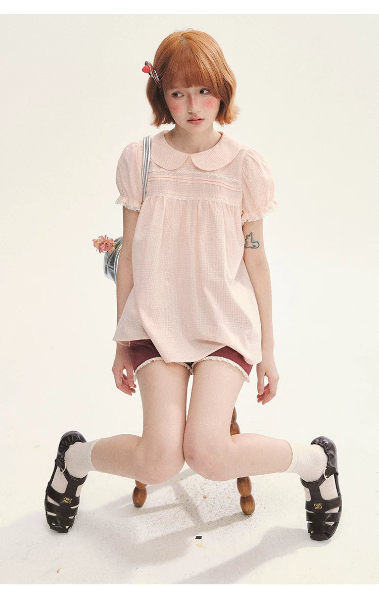 "Sweet Silhouette" Plaid Lace Trim Puff Sleeve Peter Pan Collar Blouse (Red Blue / Red White)