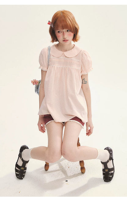 "Sweet Silhouette" Plaid Lace Trim Puff Sleeve Peter Pan Collar Blouse (Red Blue / Red White)