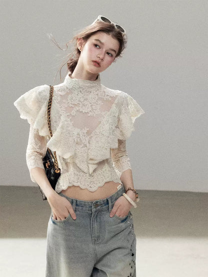 "Translucent Bloom" Dutch Cheese Lace Cropped Top