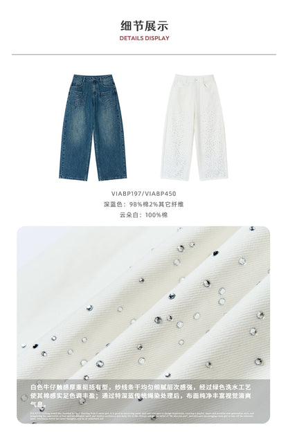 VIAPITTI - Statement Rhinestone Wide-Leg Jeans (White/ Blue)