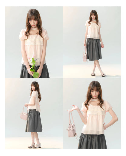 "Pink Mist Notes" Blush Pink Lace Puff Sleeve Blouse  LL2026217