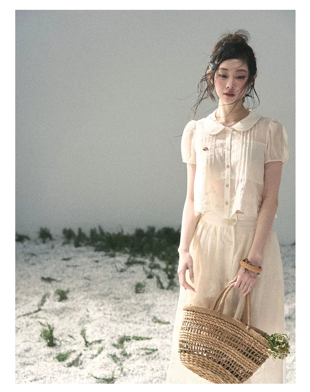 "Apricot Blossom After Rain" Dutch Cheese Lace Blouse & Maxi Skirt Set 532453