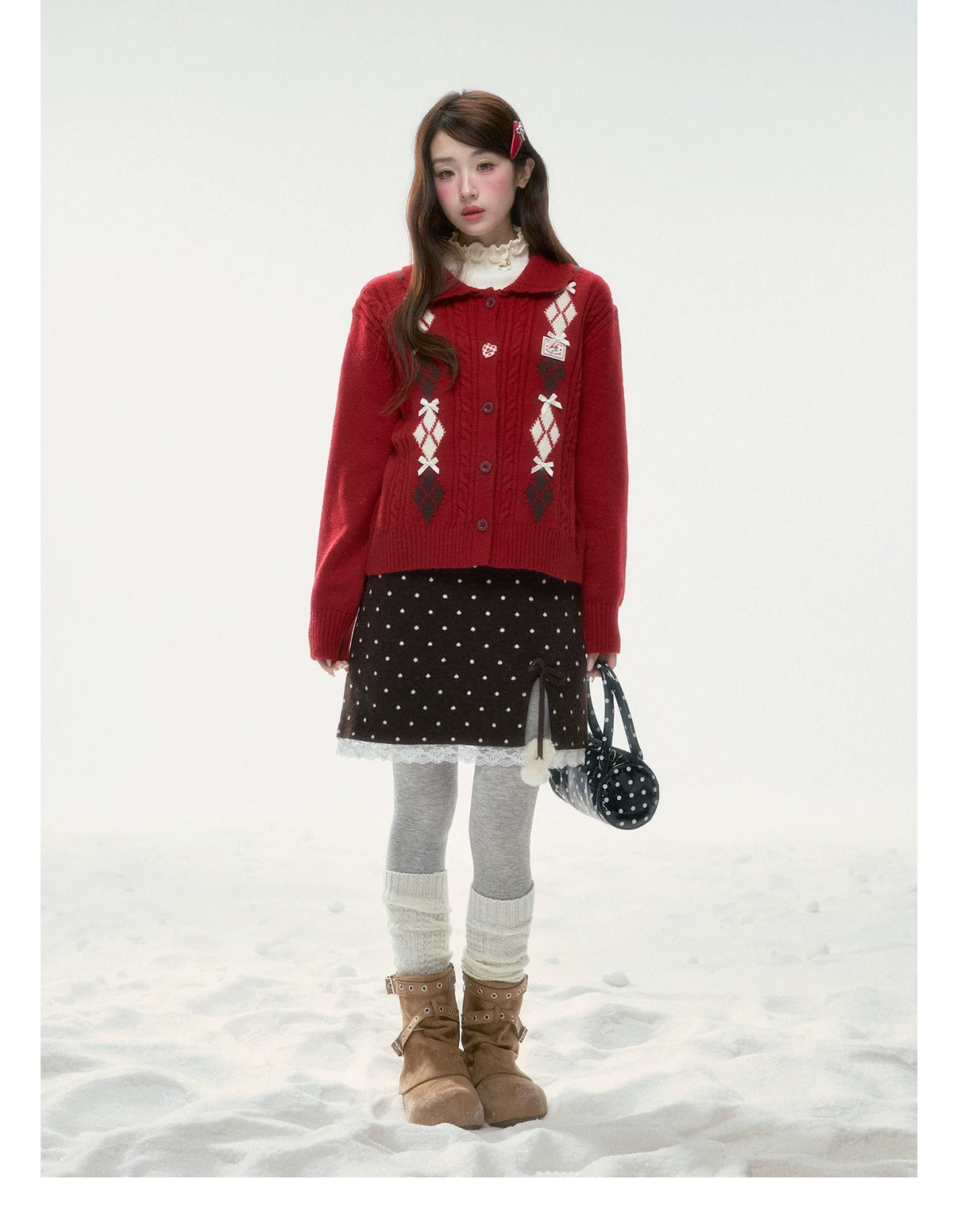 BIBIBENCY - Red Argyle Knit Cardigan with Bow Details