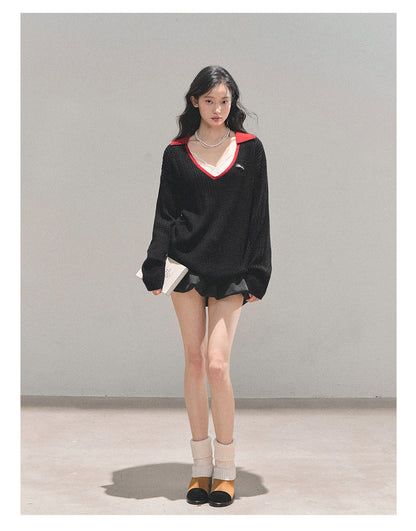 少也眼 “Before Nightfall Melts” Wool-Blend V-Neck Contrast Collar Sweater 6441568