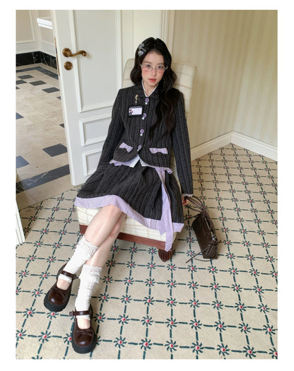 [[RF] “Ink Plaid Prelude” Gray-Purple Plaid Striped Pleated Skirt Two-Piece Set