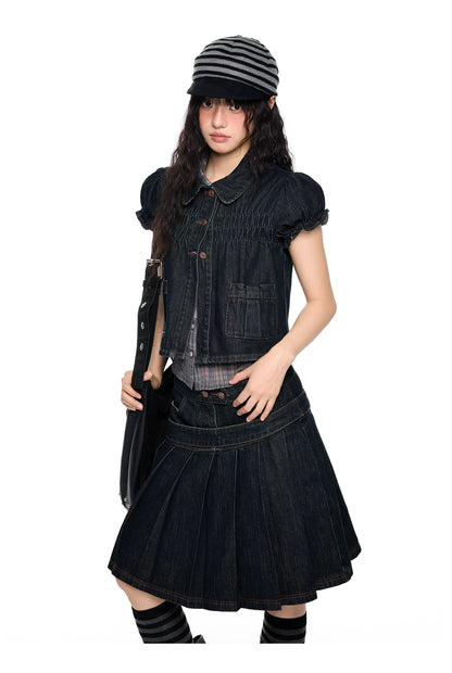 Vintage Peter Pan Collar Puff Sleeve Denim Set