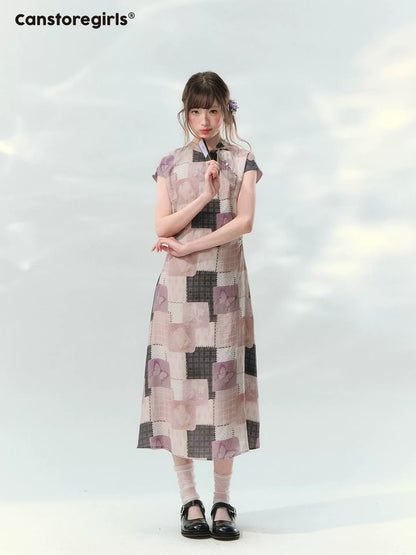 “Wisteria Poetry” Purple Patchwork Print Cheongsam Dress