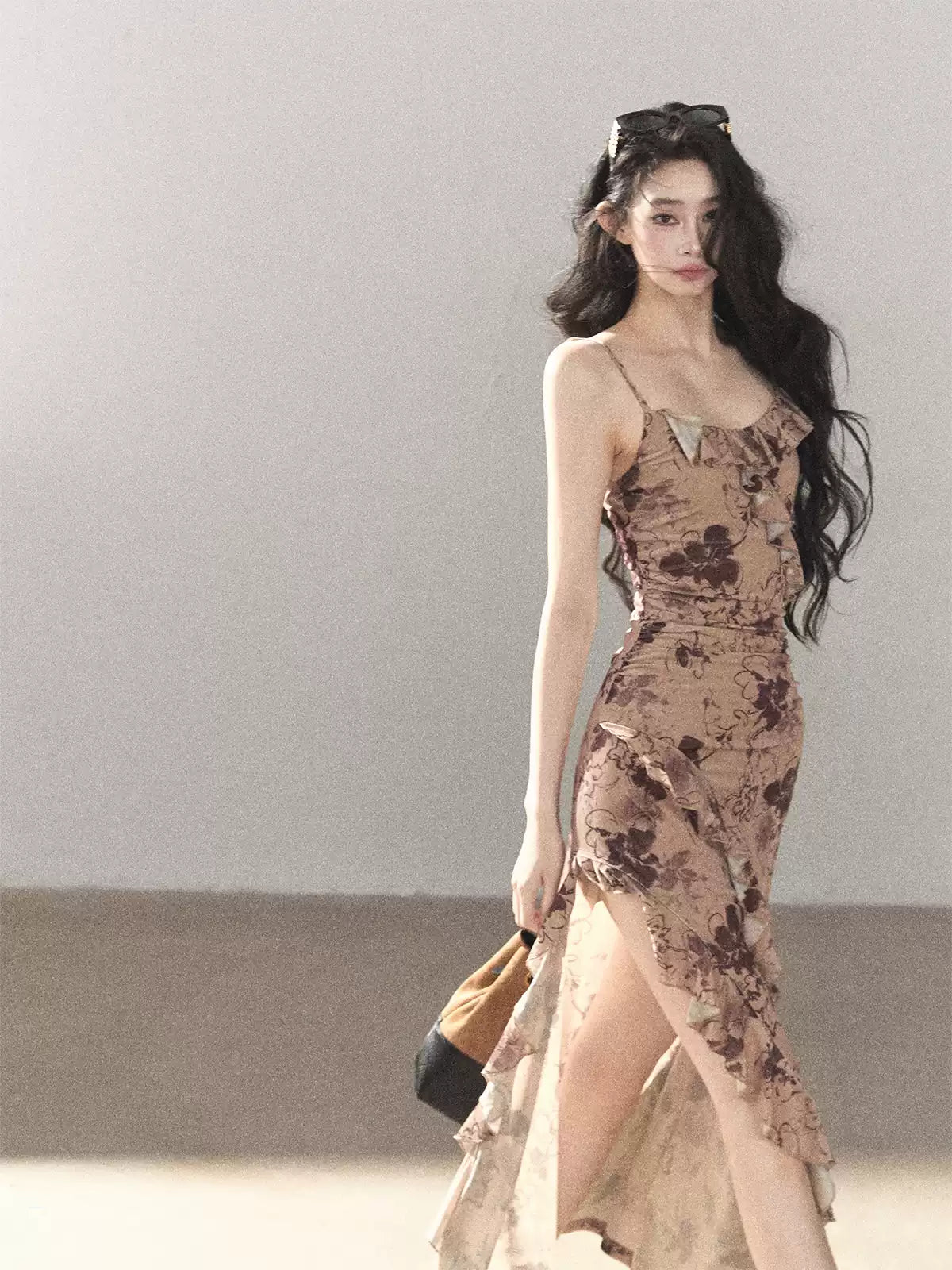 AOMALM - "Wildflower Date" Milk Tea Brown Ruffle Floral Maxi Dress (With Matching Hair Tie)