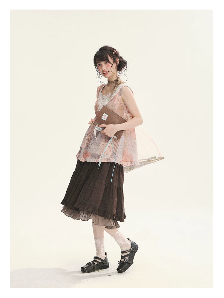 "Fragments of Time" Pink Brown Patchwork Lace Ruffle Trim Sleeveless Top