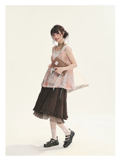 "Fragments of Time" Pink Brown Patchwork Lace Ruffle Trim Sleeveless Top
