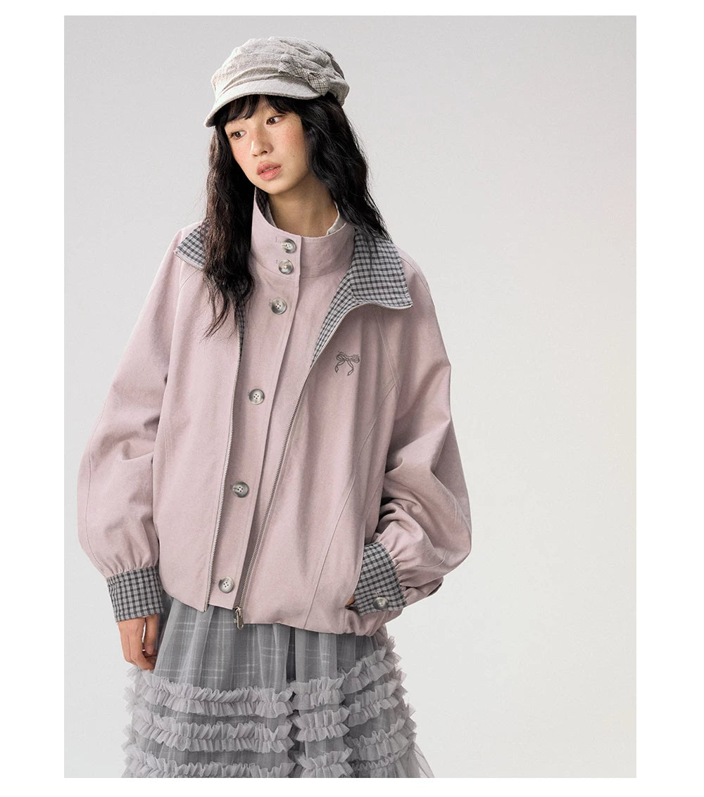 [CAN] "Lavender Plaid Notes" Dusty Purple Plaid Double Collar Cropped Jacket