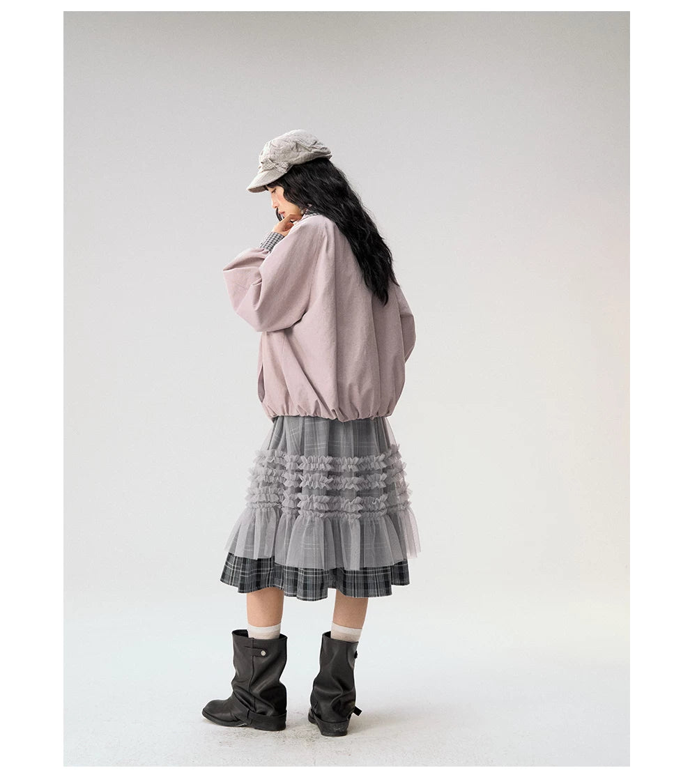 [CAN] "Lavender Plaid Notes" Dusty Purple Plaid Double Collar Cropped Jacket