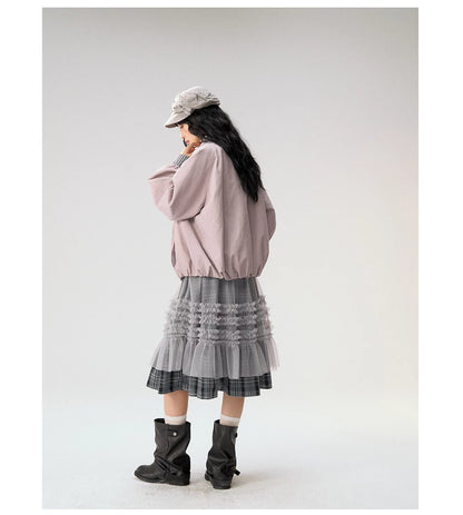 [CAN] "Lavender Plaid Notes" Dusty Purple Plaid Double Collar Cropped Jacket