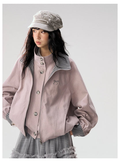 [CAN] "Lavender Plaid Notes" Dusty Purple Plaid Double Collar Cropped Jacket