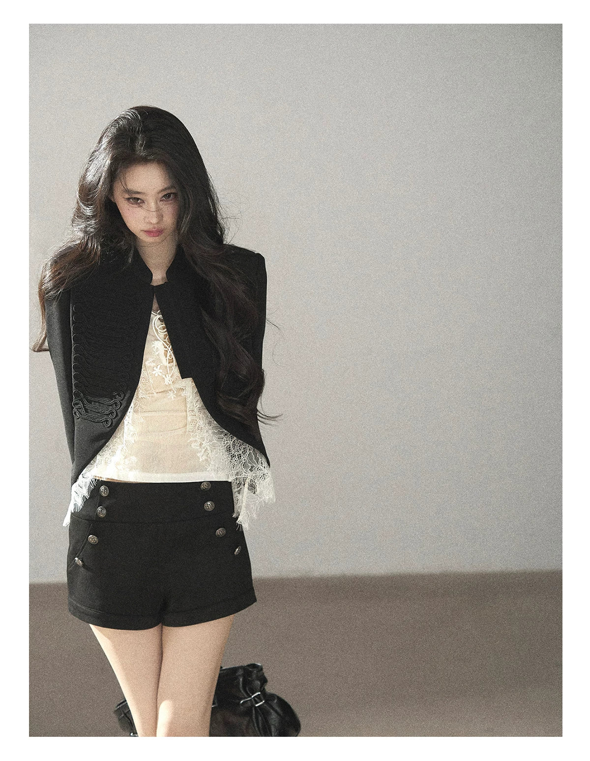 AOMALM - Black Lace Trim Cropped Jacket & Shorts Set